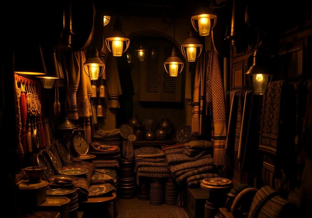 Egyptian handicrafts and textiles in a lantern-lit souk
