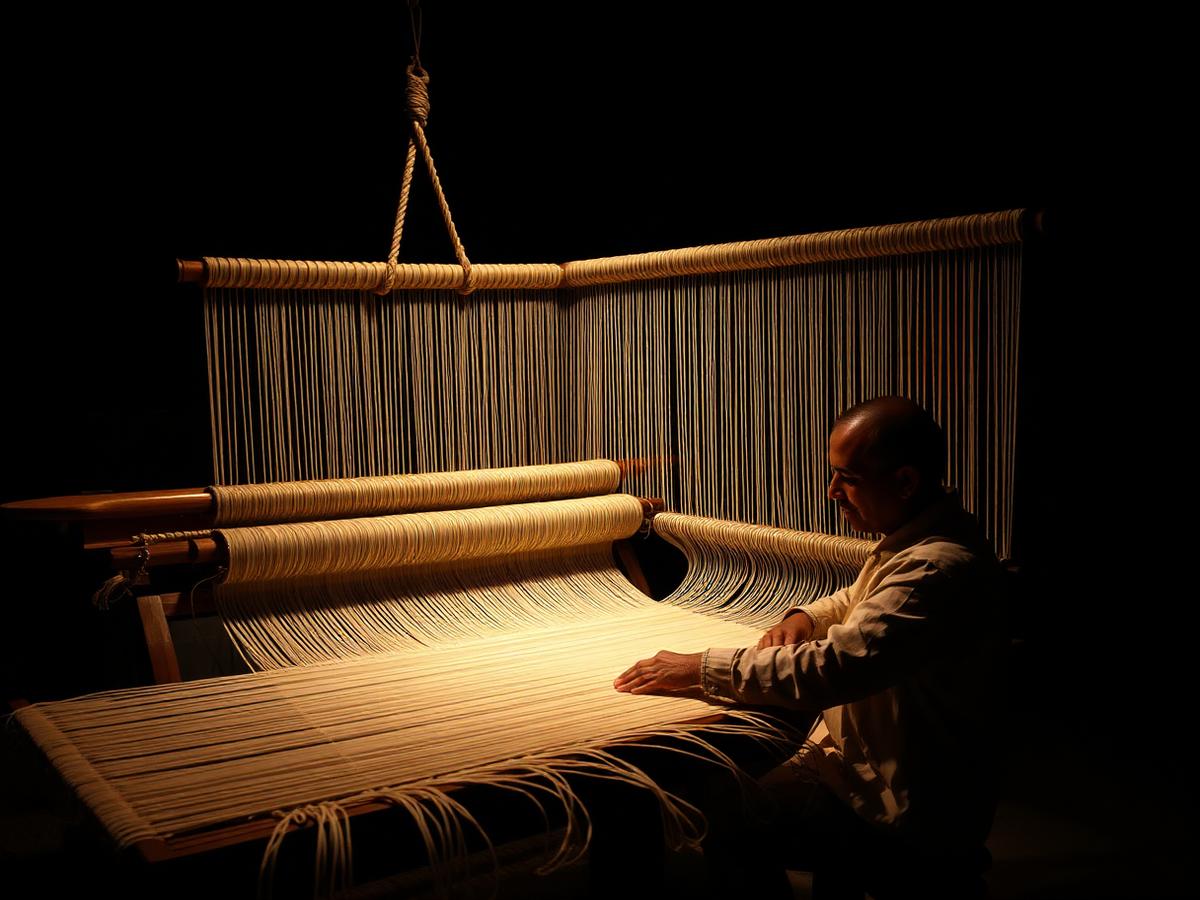 Weaver working a loom in an Egyptian cotton atelier