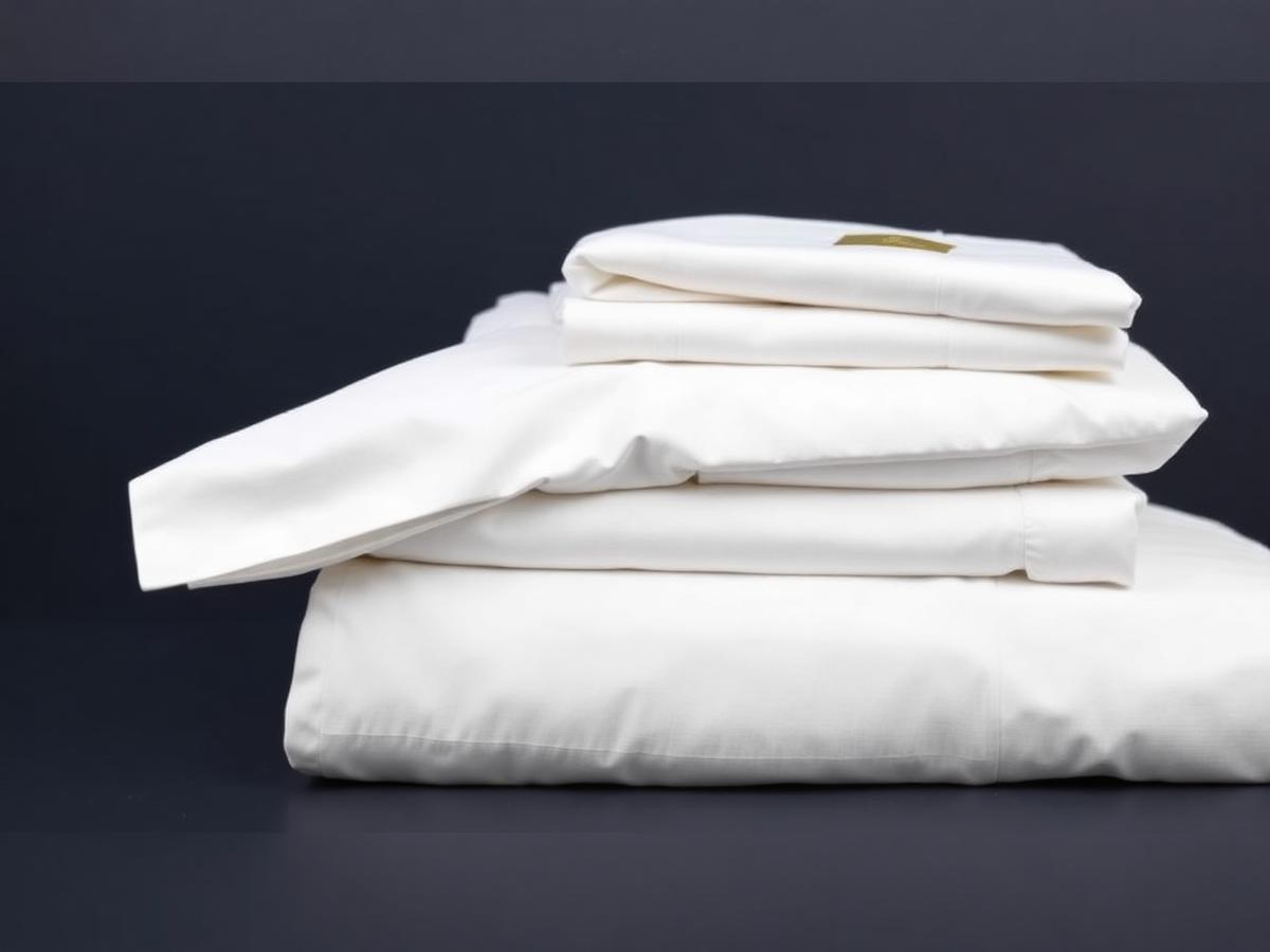 Stack of white Egyptian cotton linen with a gold certification tag