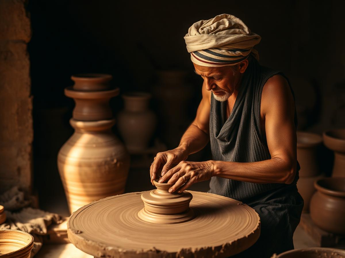 Potter shaping clay on a wheel in a Fustat workshop