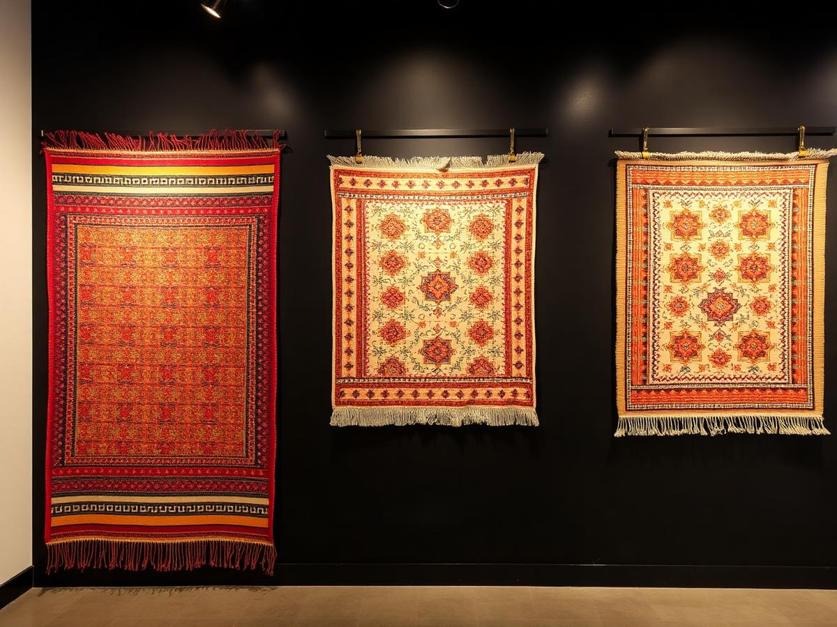 Handwoven Egyptian kilim rugs displayed on a dark gallery wall