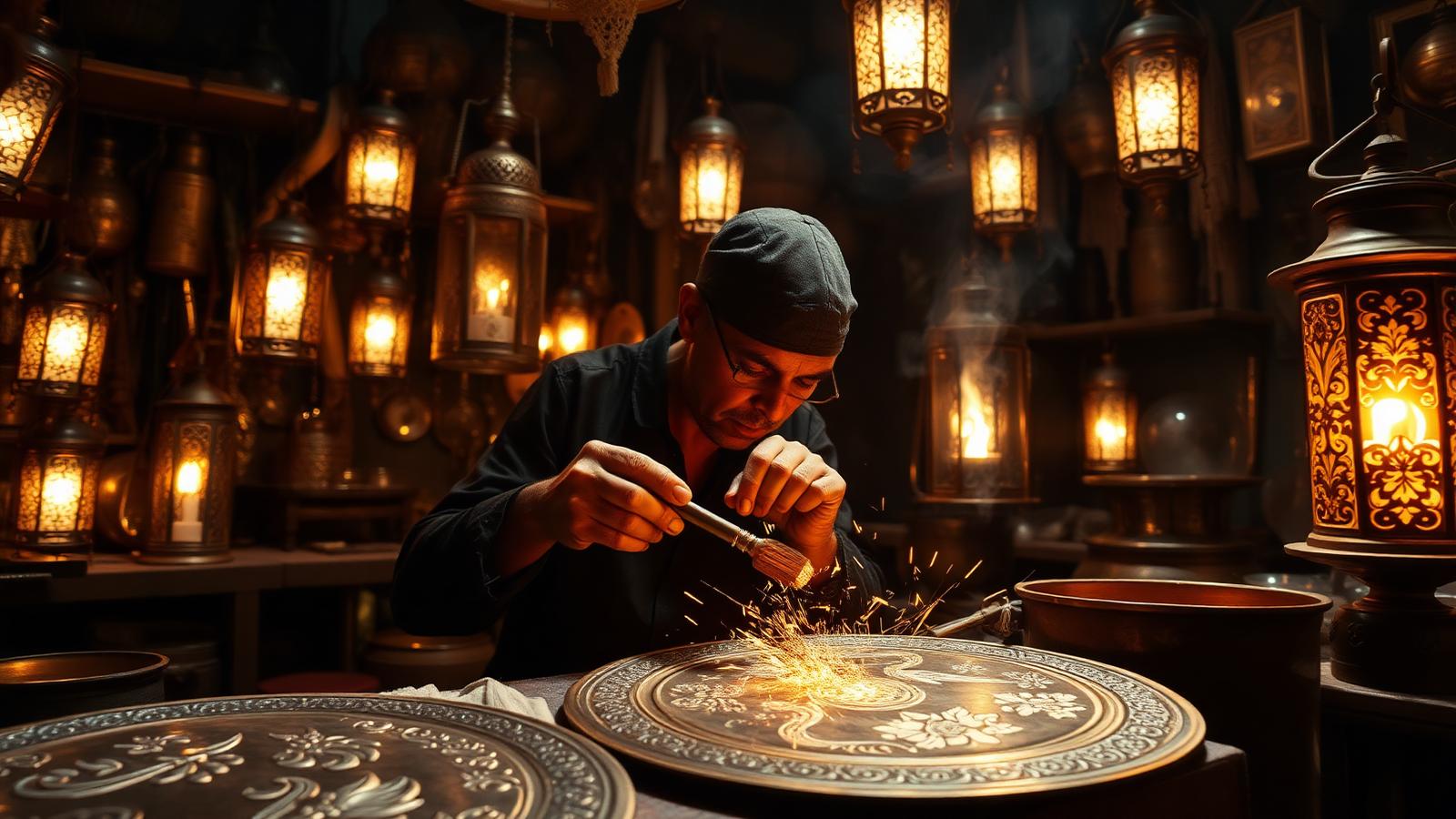 Artisan engraving a copper plate in a lantern-lit Egyptian workshop