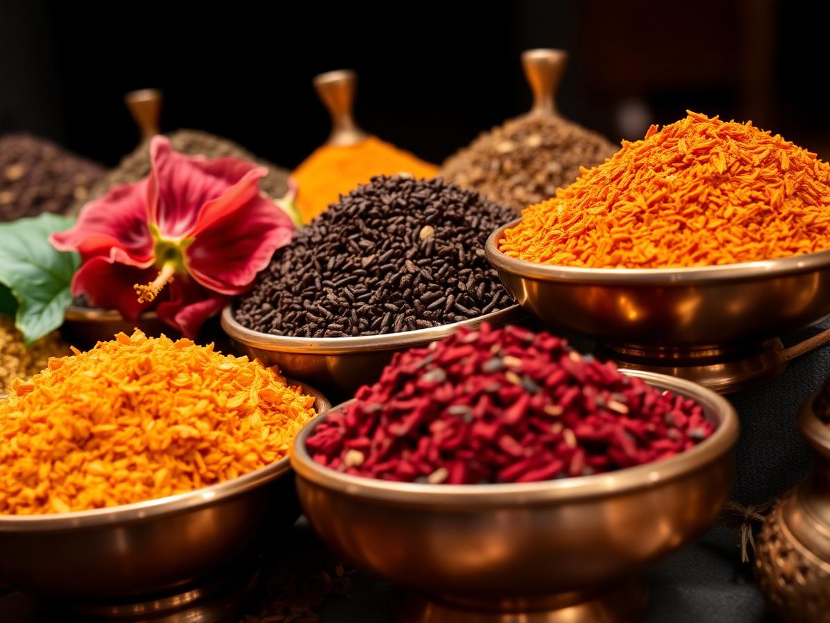 Egyptian spices and hibiscus in copper bowls
