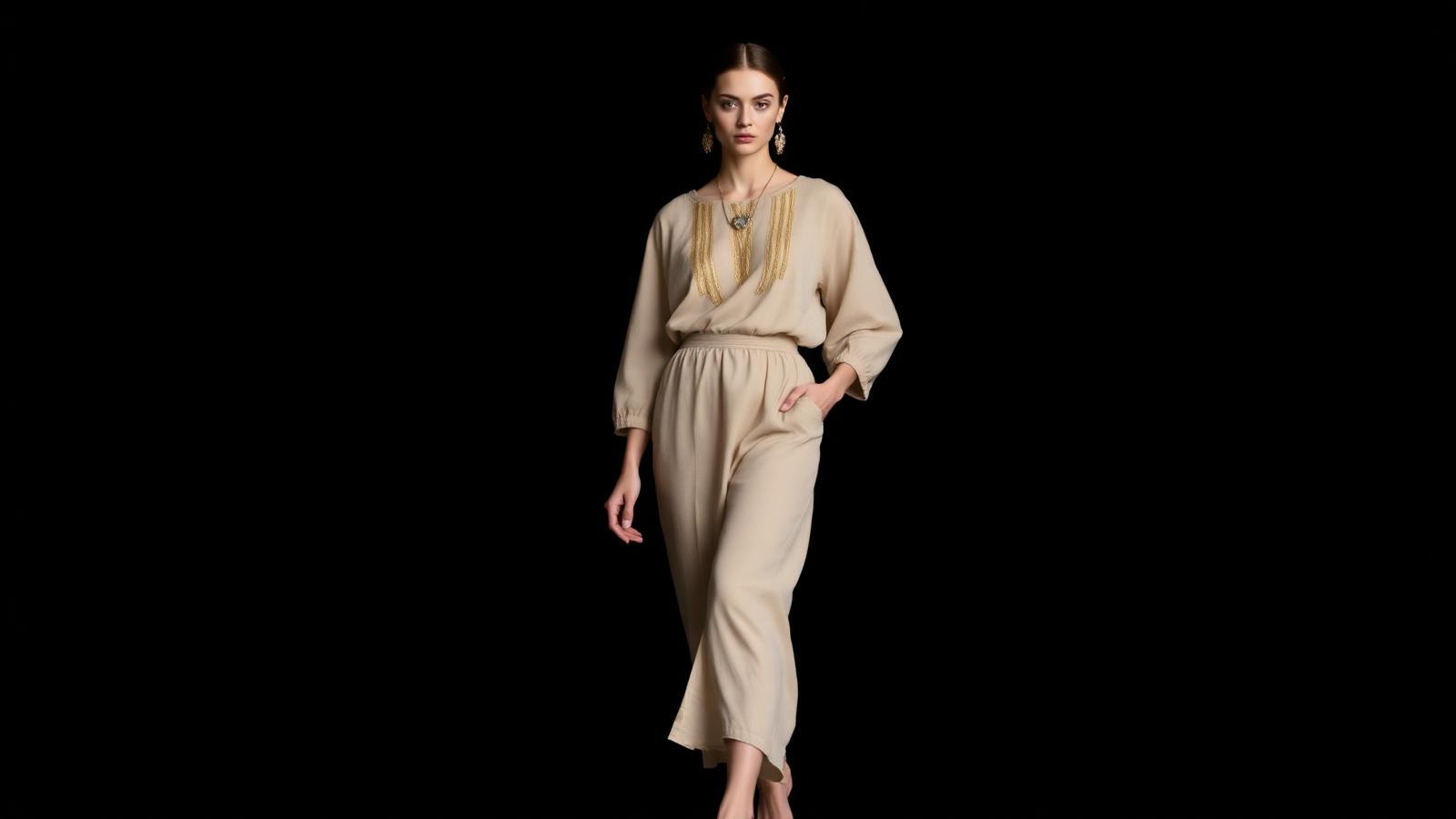 Model wearing a modern Egyptian designer outfit with gold embroidery