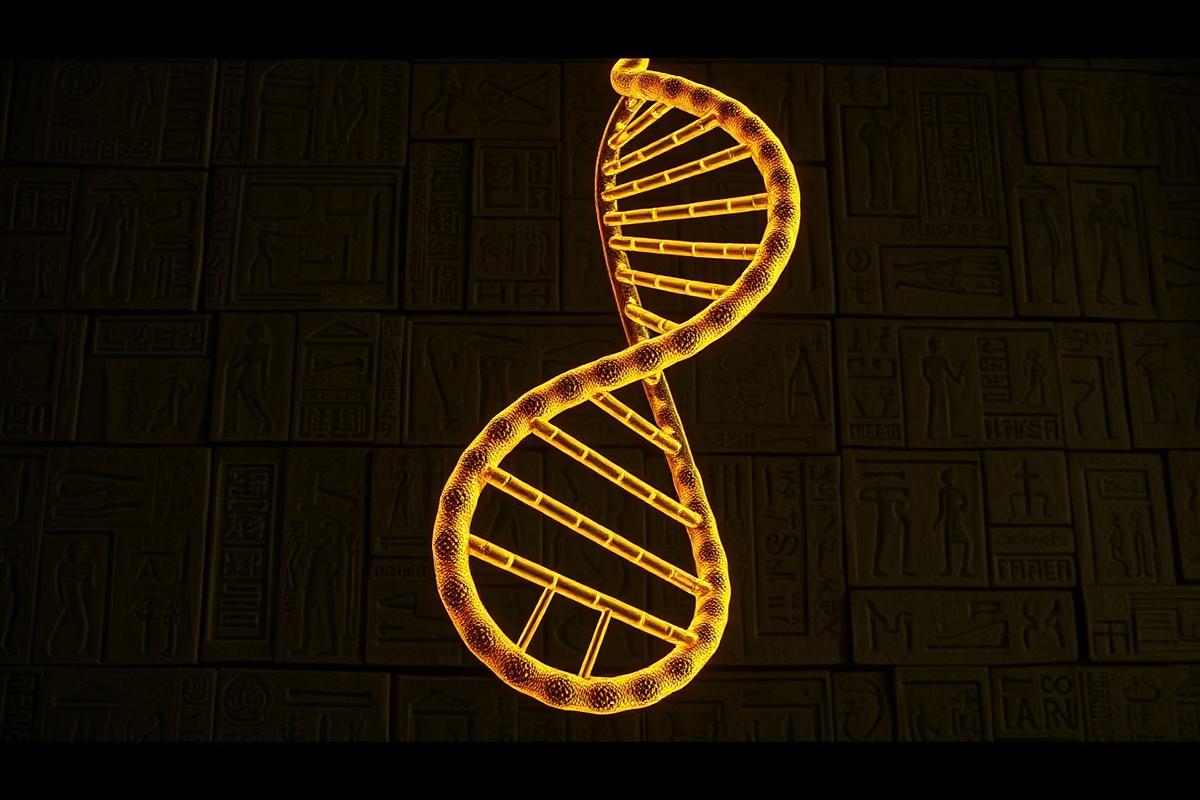 Golden DNA helix over a hieroglyph wall